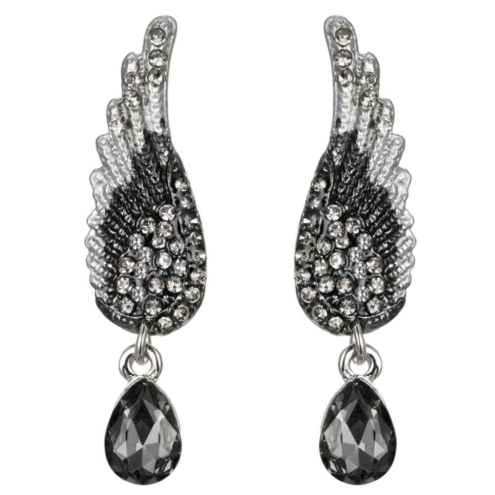 Silver with Charcoal Gray Crystal Angel Wing Enamel Dangling Post Back Earrings